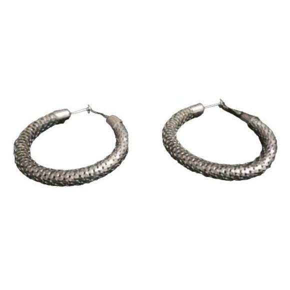 Black Chained Hoop Earrings Metal Retro Chic 1.25" Diameter - Picture 1 of 3